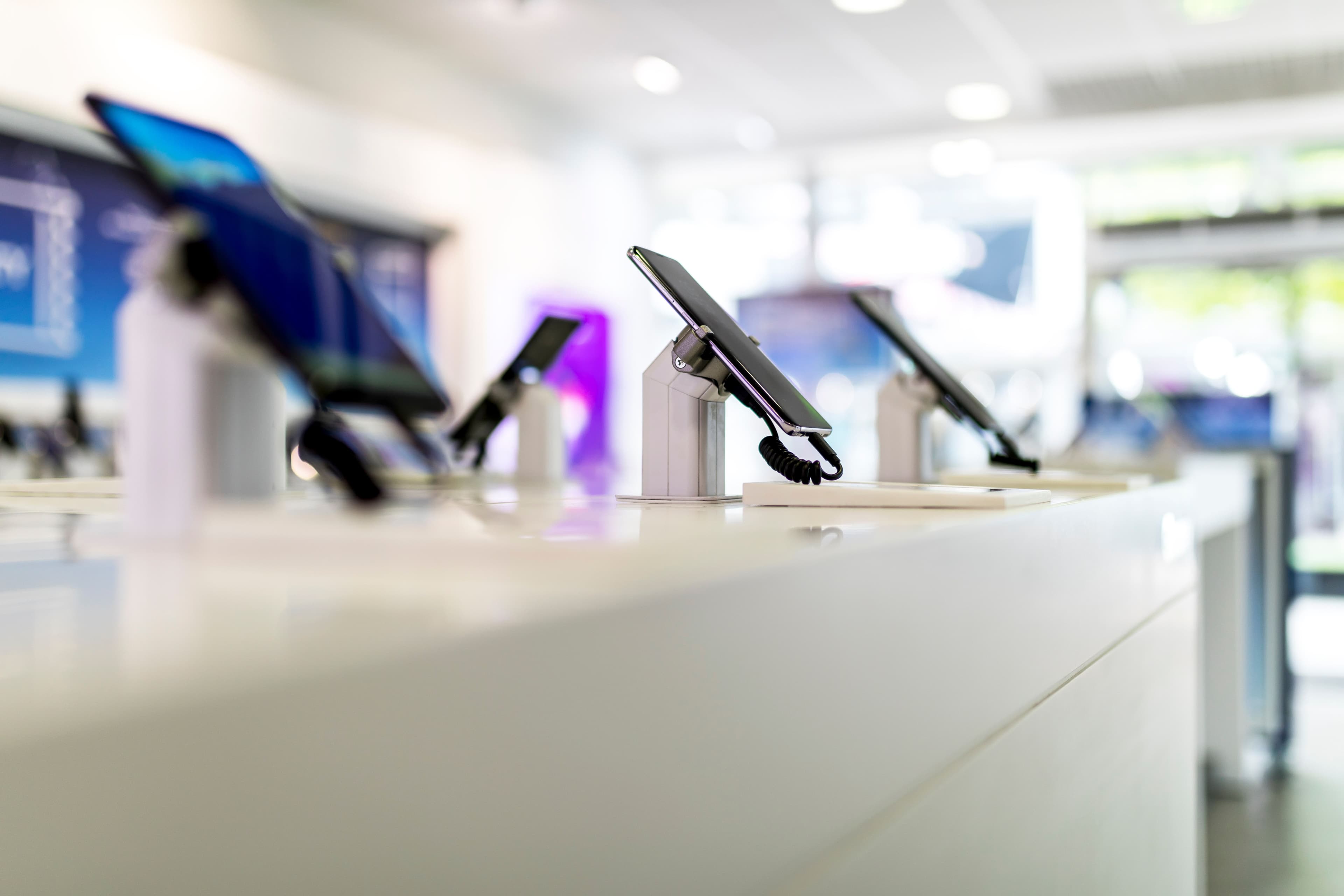 Mobile devices pictured in a showroom 