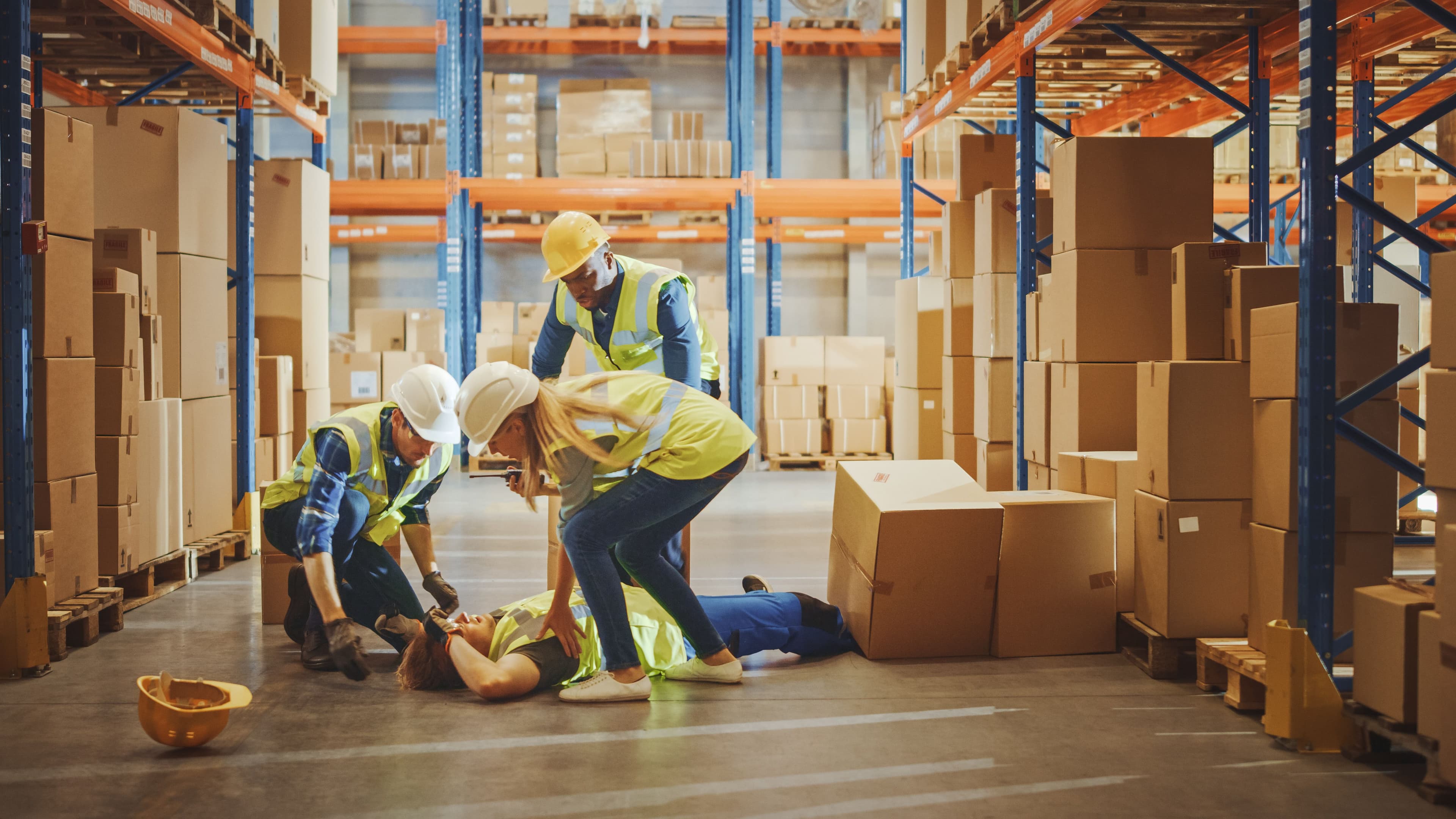 One person on the ground and three people surrounding them in a warehouse