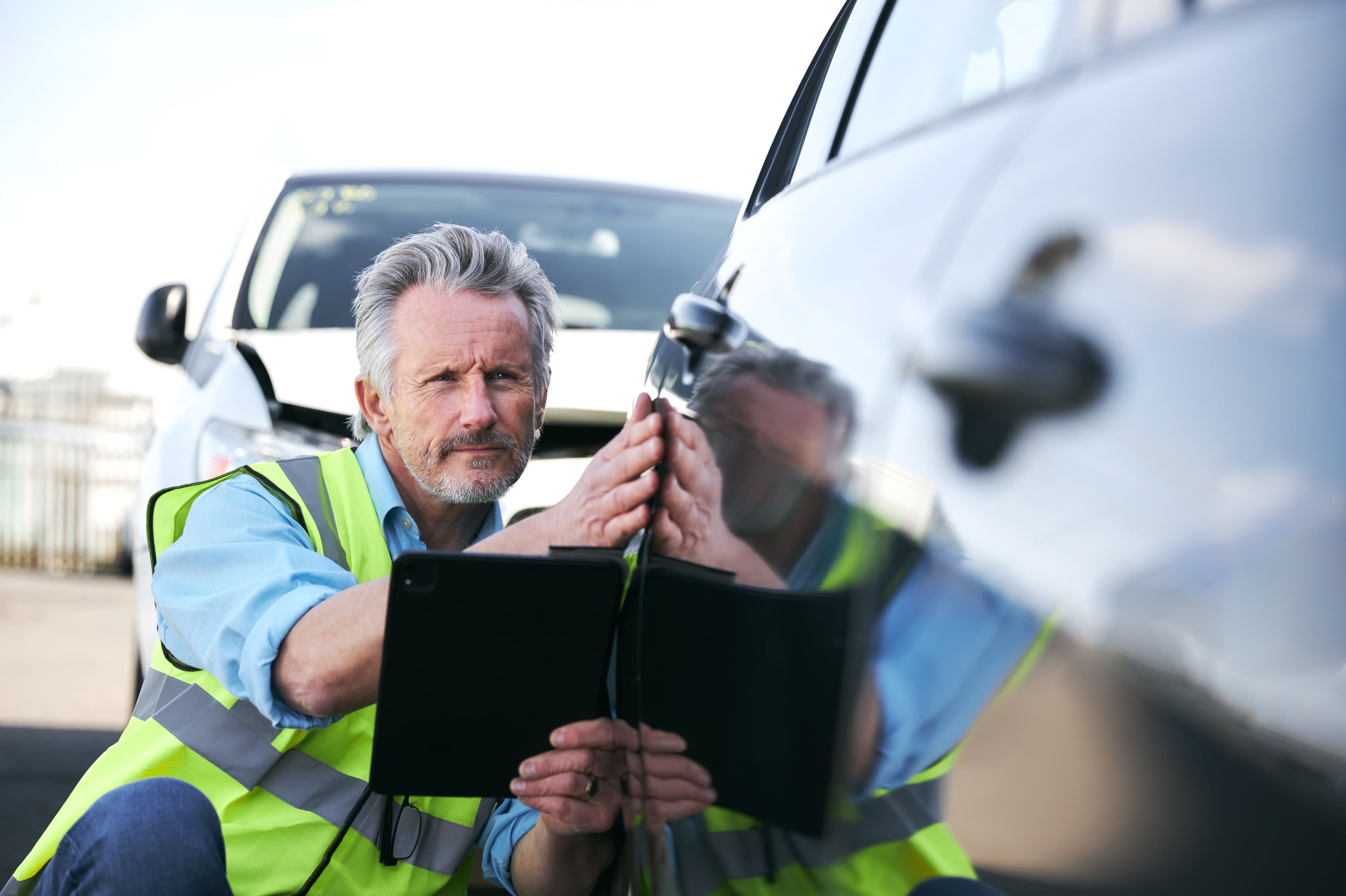 A person wearing a hi vis jacket looking at the paintwork for a vehicle