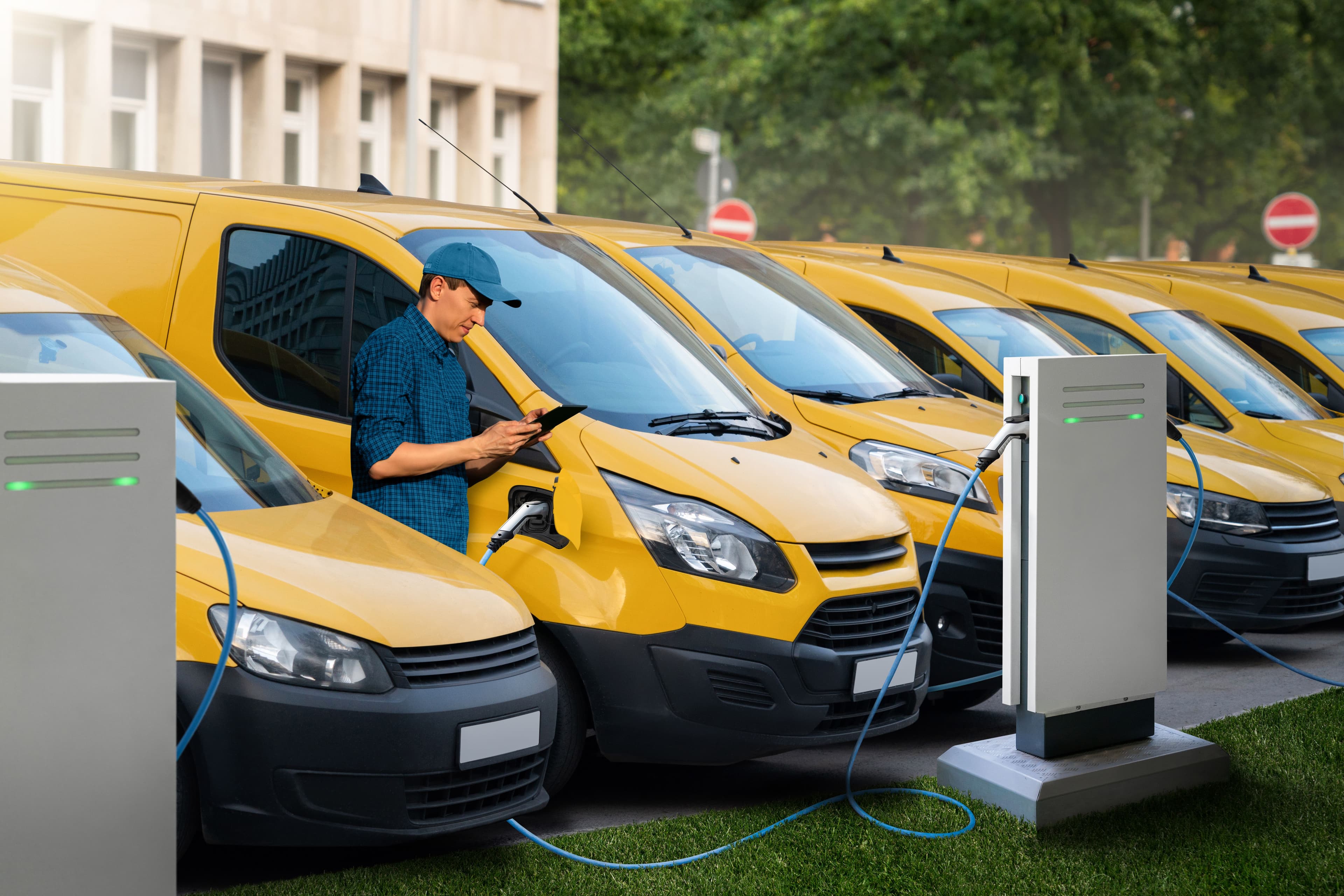 A line of parked electric vans on charge