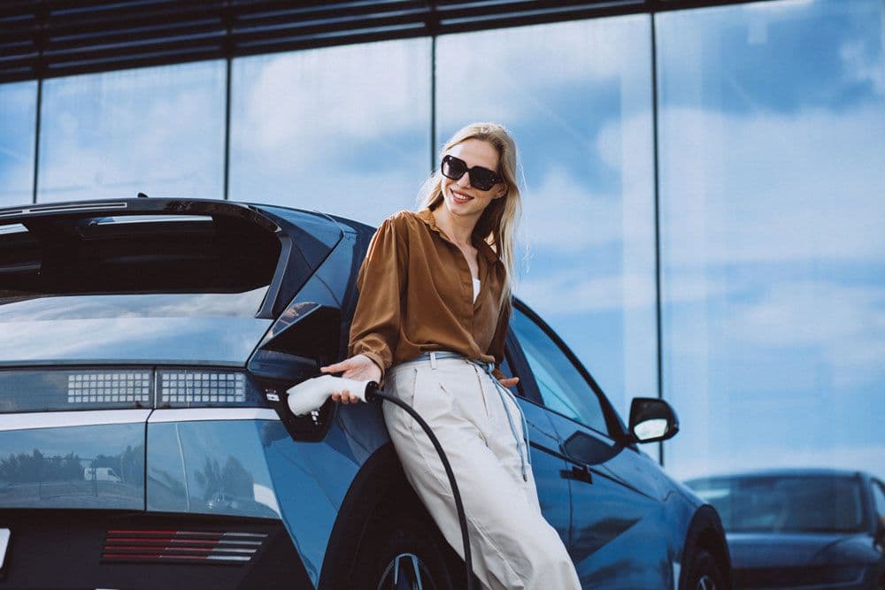 A person leaning on a blue car whilst holding their charging cable