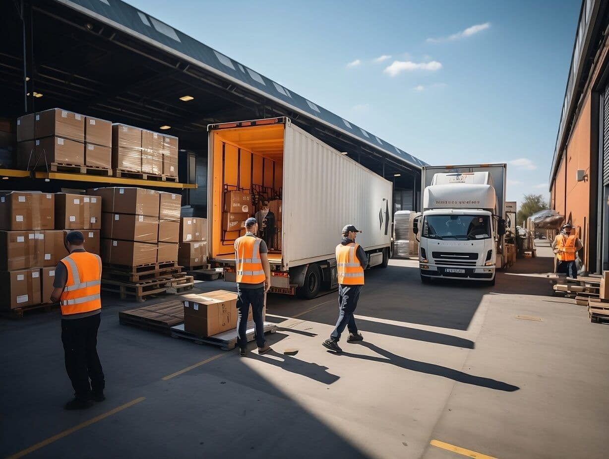 Busy warehouse yard with a trailer being loaded with boxes