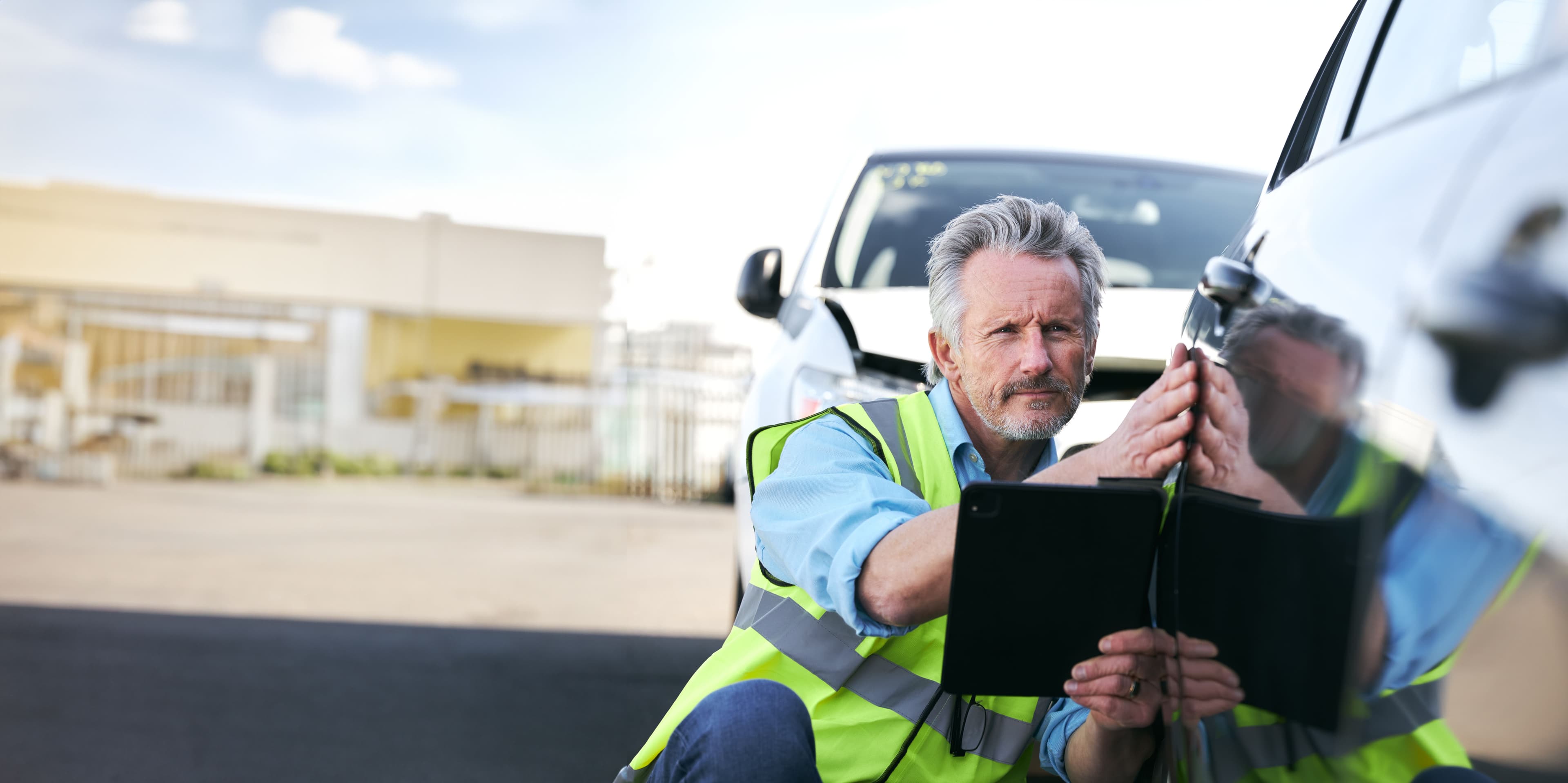 Person in a hi vis jacket doing a paint inspection 