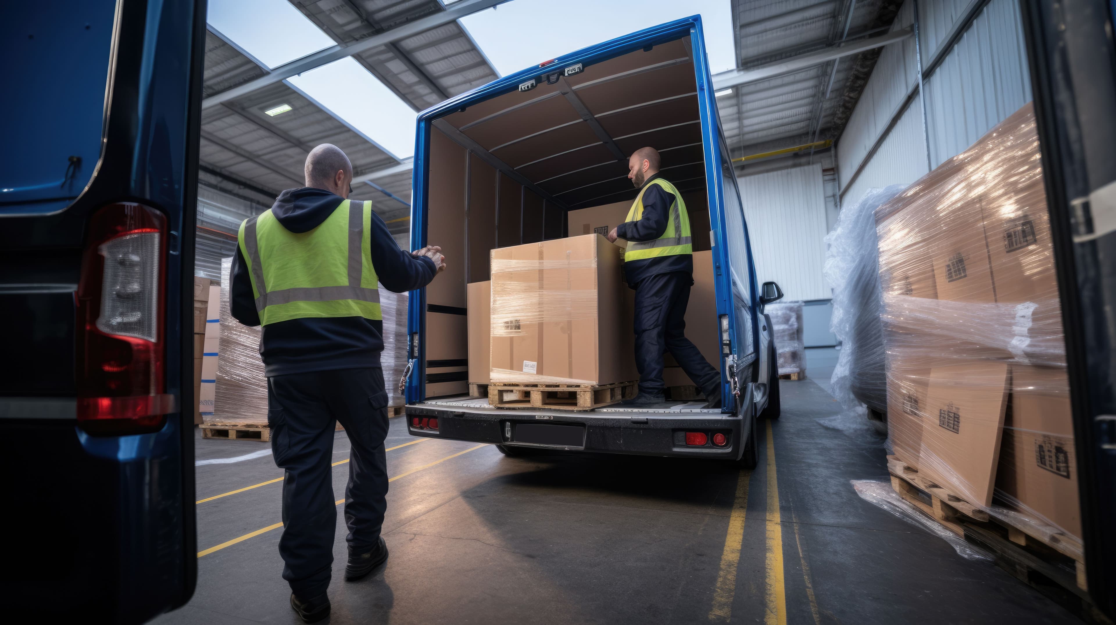 Two people unloading a blue van