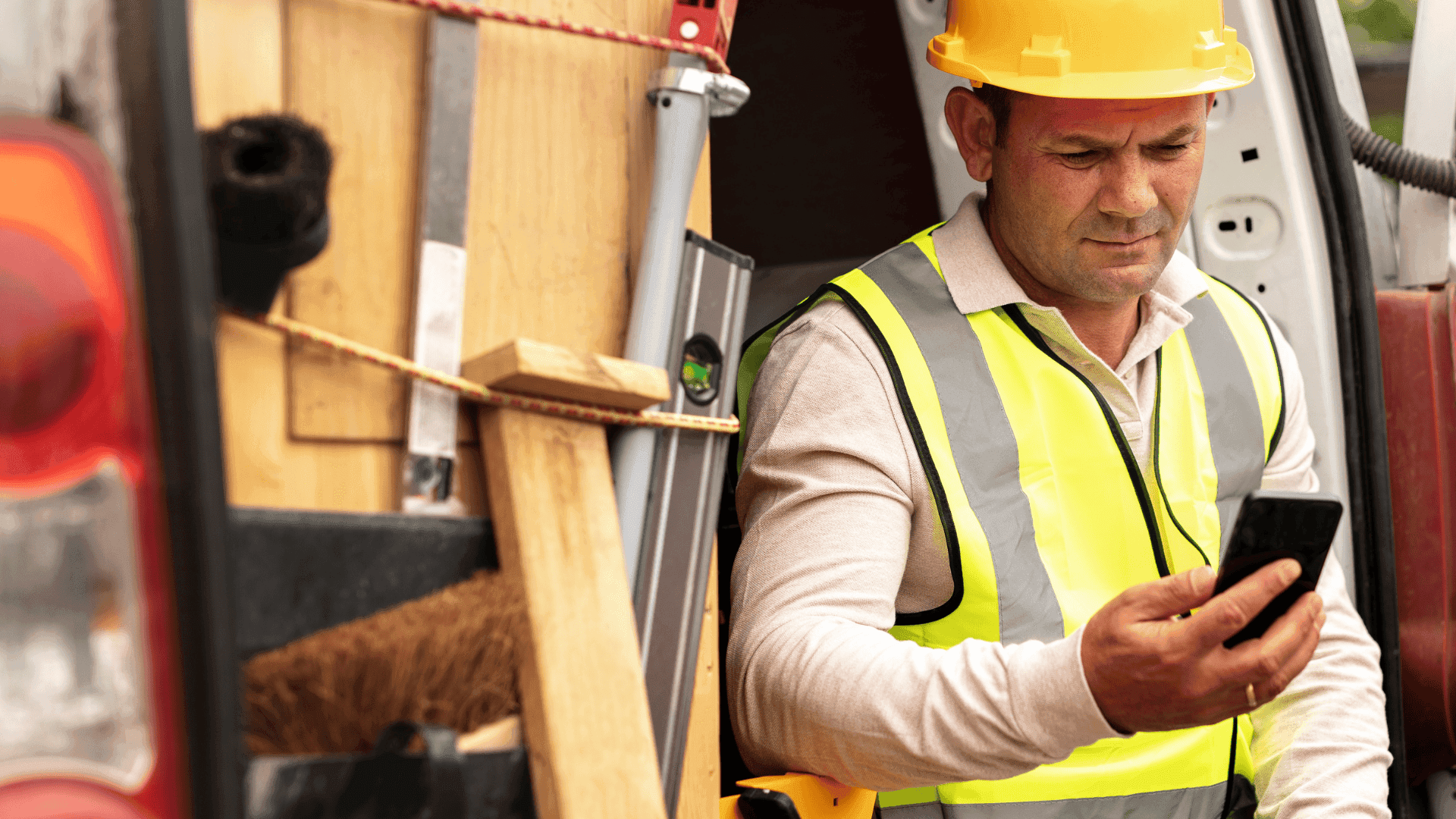 Construction worker sitting at the back of the van holding a mobile phone