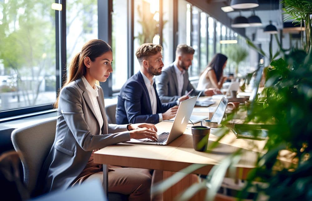 Multiple people sat at a desk at work