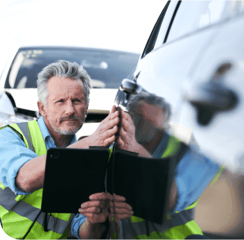 A person wearing a hi vis jacket looking at the paintwork for a vehicle