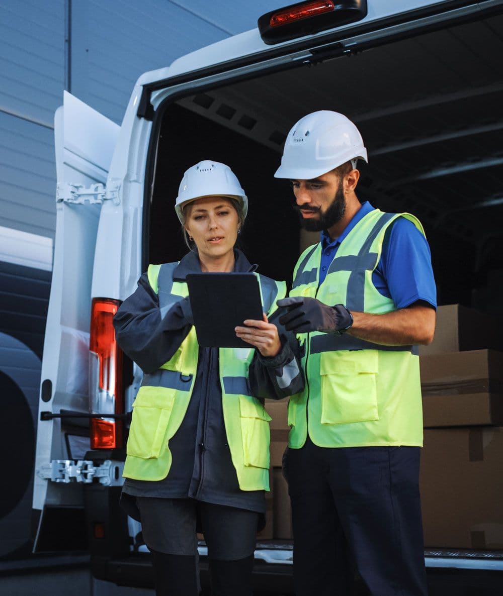 Two people standing at the rear of a van